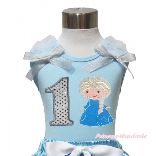 Light Blue Tank Top With White Ruffles & Sparkle Silver Grey Bow With Princess Elsa & 1st Sparkle White Birthday Number Print TM269